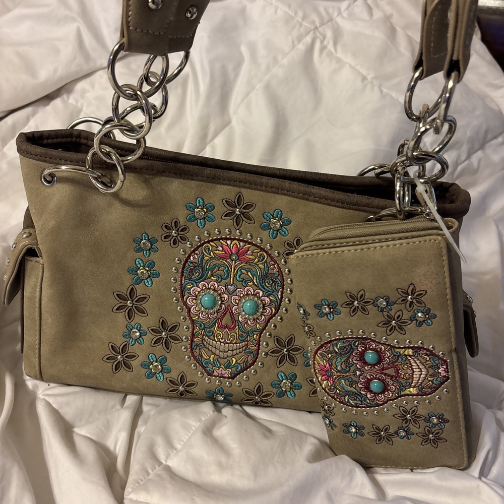 Montana West Sugar Skull Concealed Carry Handbag Satchel & Wallet Tan Set